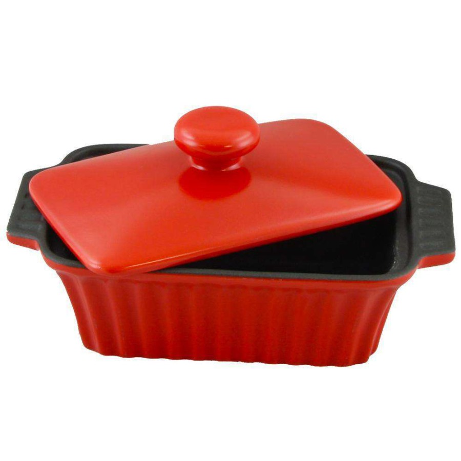 Casserole Dishes * | Denhoff Ribbed 8.5 In. Rectangular Stoneware Nonstick Casserole Dish In Red With Lid By Crock-Pot