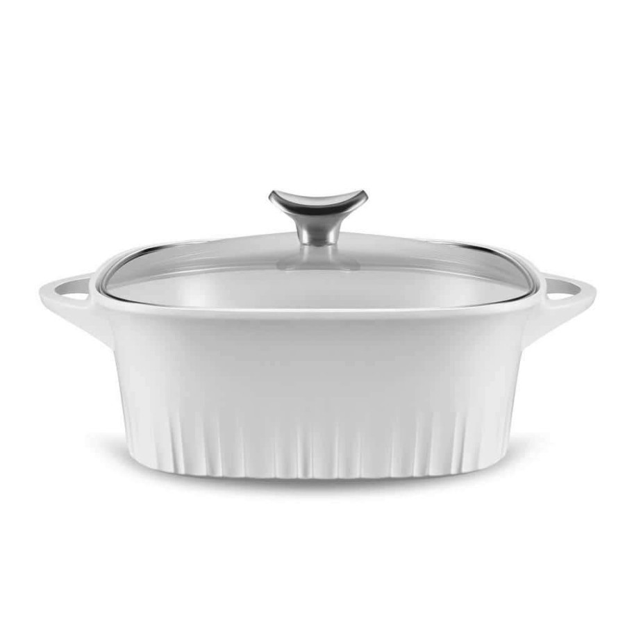 Baking Dishes * | 3.2 Qt. White Cast Aluminum Roaster With Lid By Corningware